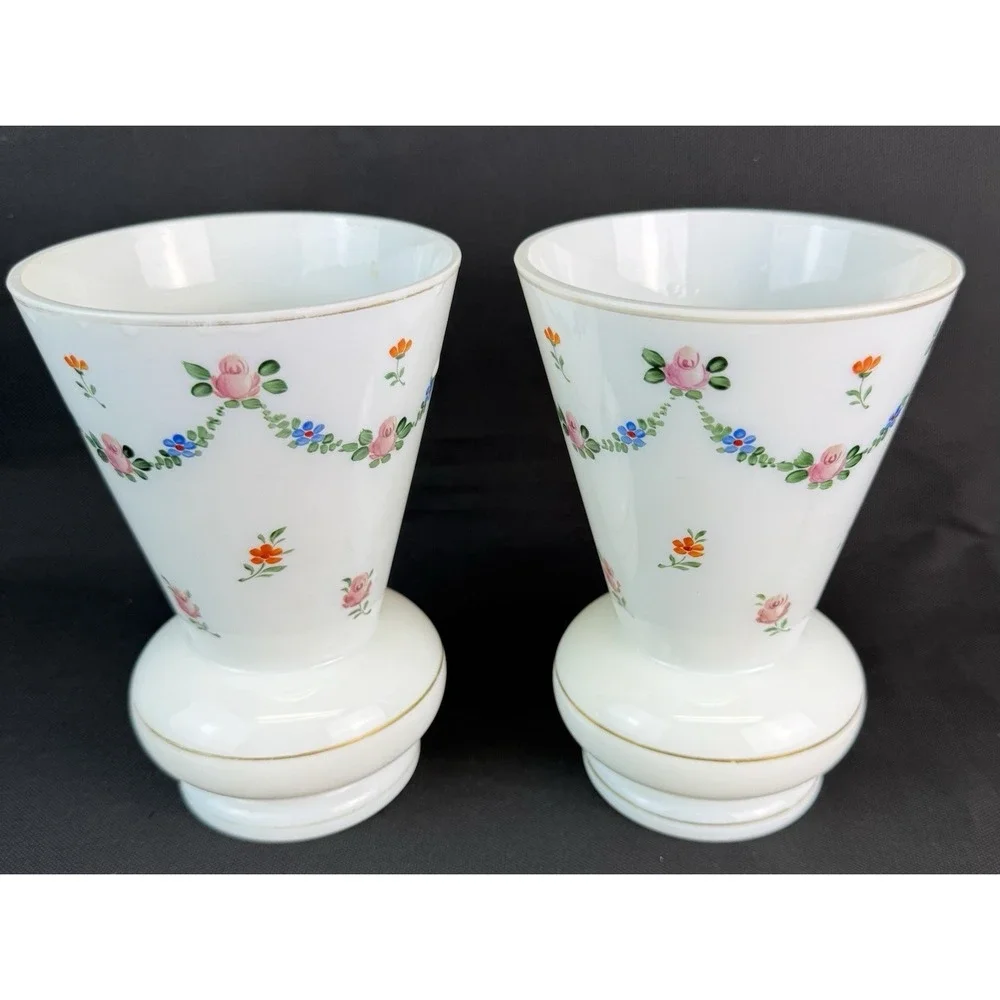 Lot Of 2 Vintage Czech White Porcelain Trumpet Style Vases Floral Pink Rose